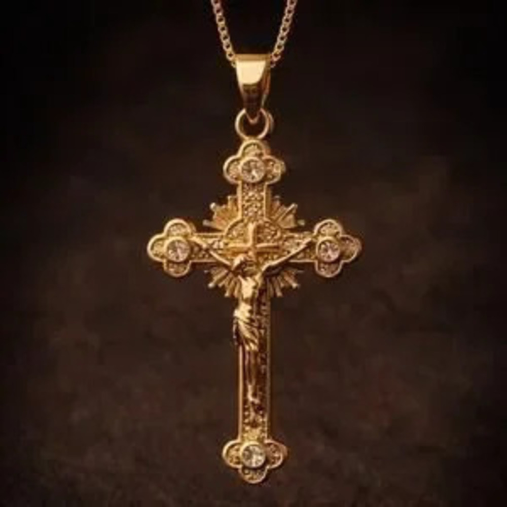 Traditional Catholic Christian Crucifix Necklace C Gold CZ Cross 1mm Box Chain
